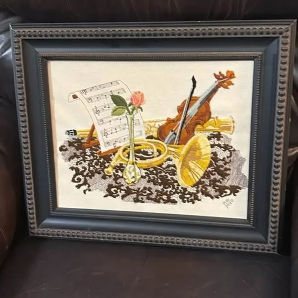Vintage 1980 Musical Instrument Needlepoint Framed Art